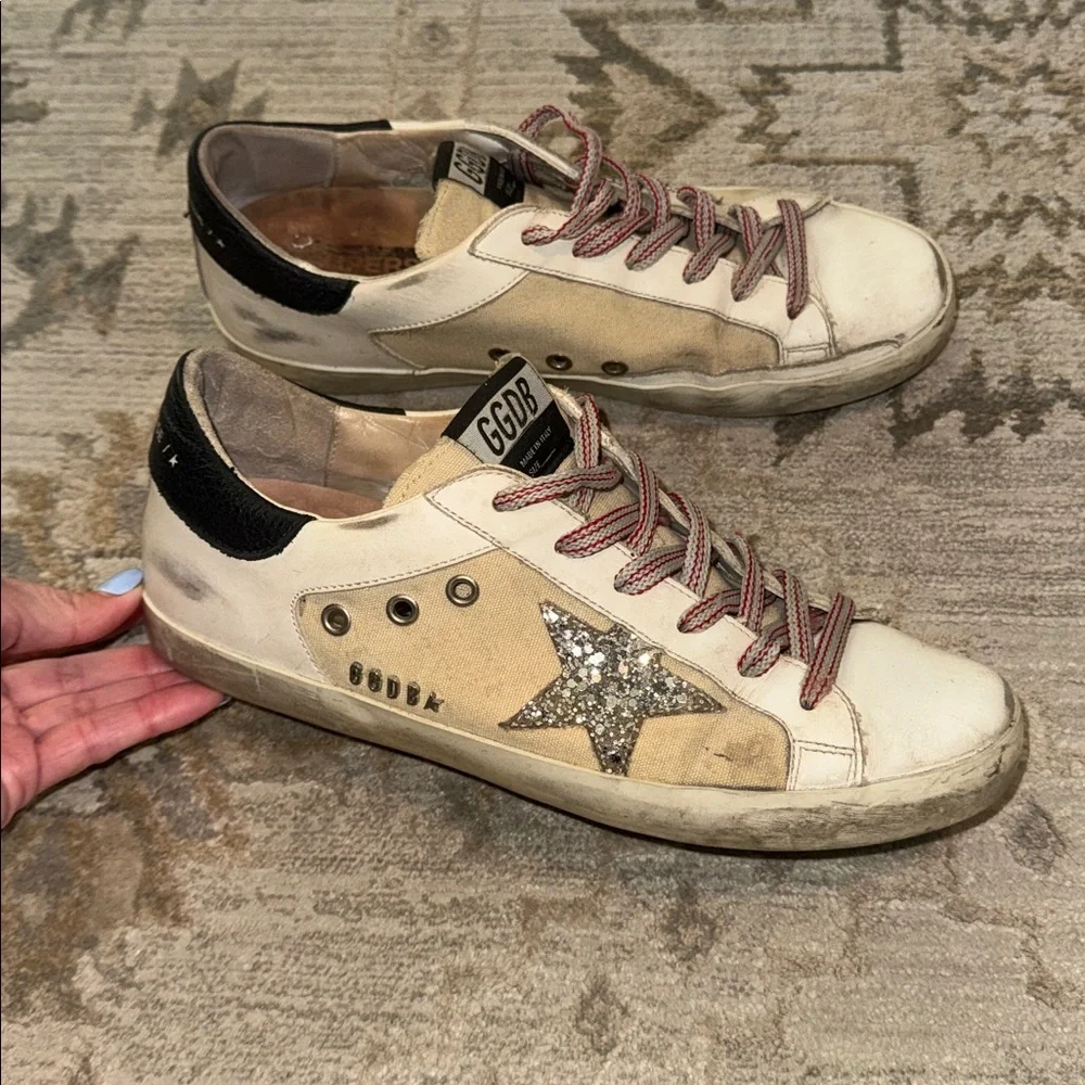Golden Goose White Leather/Canvas Sneakers with Silver Glitter Star - Picture 8 of 14